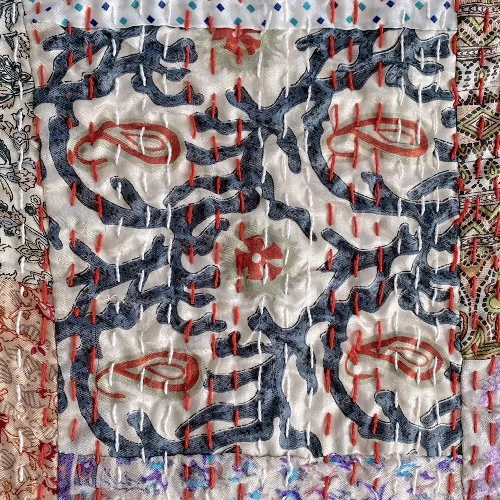 Kantha Silk Blend Throw Blanket Patchwork Quilt Multicolor  66” x 86”